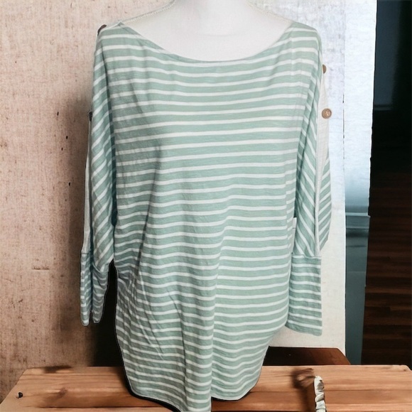 Umgee 3/4 Sleeve Mint & Cream Stripe‎ Top - Picture 1 of 5